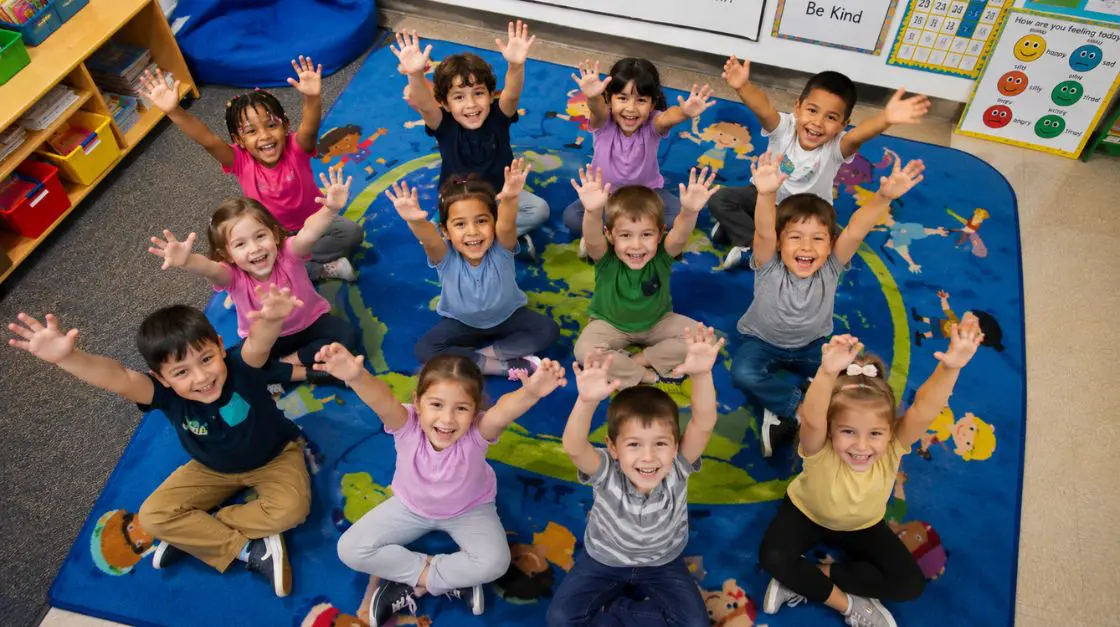 kindergarten teacher leading no-prep educational games for kids in a colorful classroom