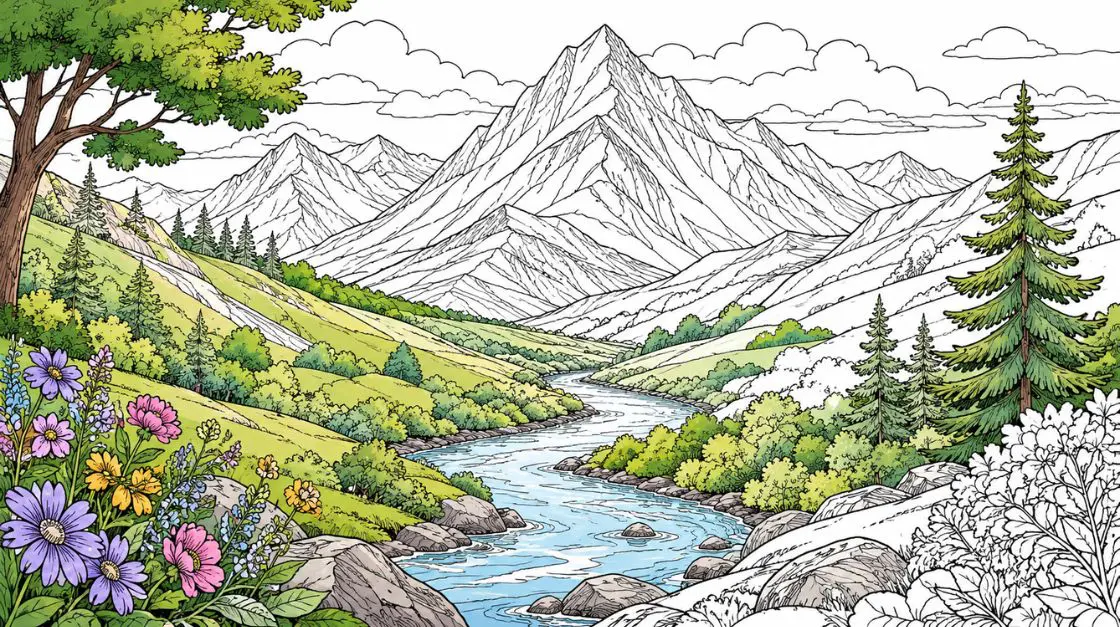 Landscape coloring pages for adults showing a mountain valley with rolling hills and a winding river