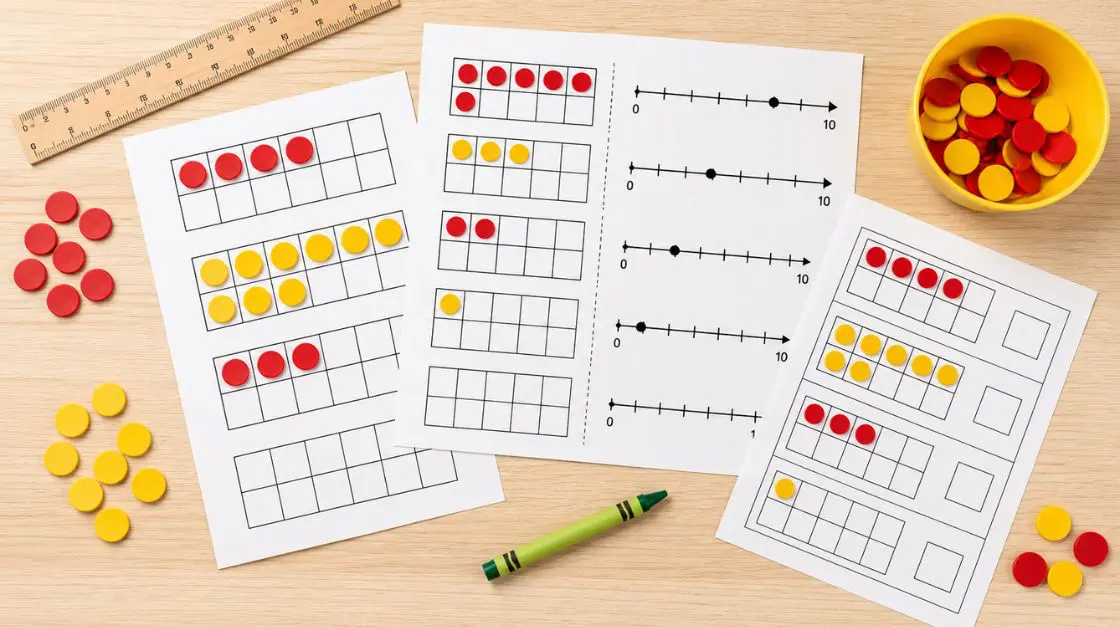 Printed kindergarten math worksheets featuring ten frames and number lines arranged with counting manipulatives and a ruler on a wood surface, representing no prep math printables for K–2 classroom centers