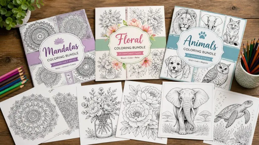 Spread of printable coloring bundles, including mandalas, florals, and animals, laid on a wooden table.