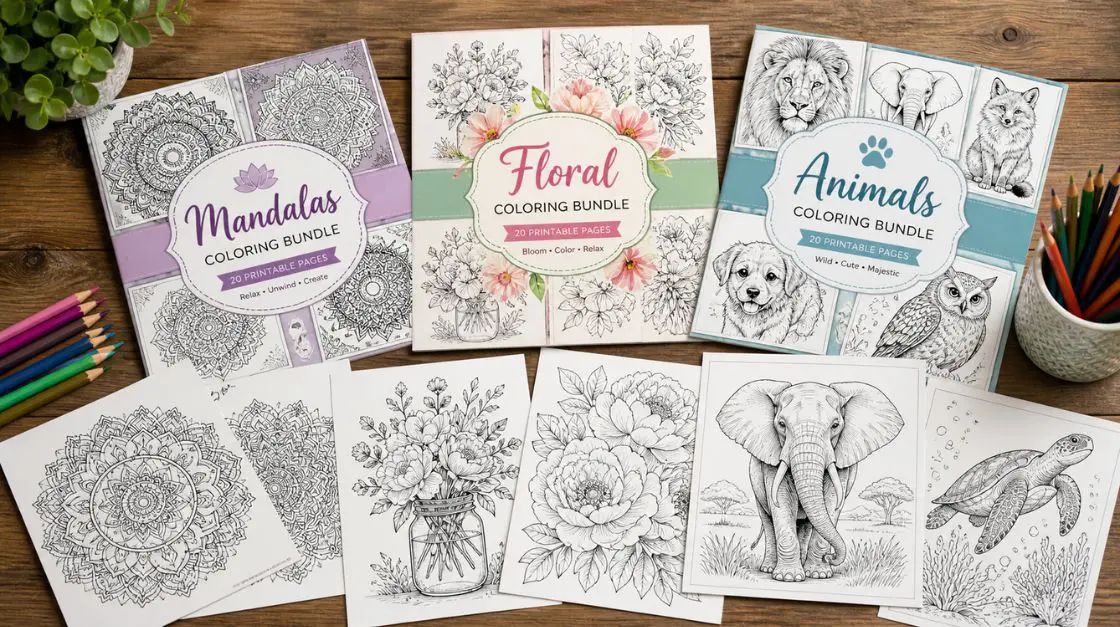 Spread of printable coloring bundles including mandalas, florals, and animals laid on a wooden table