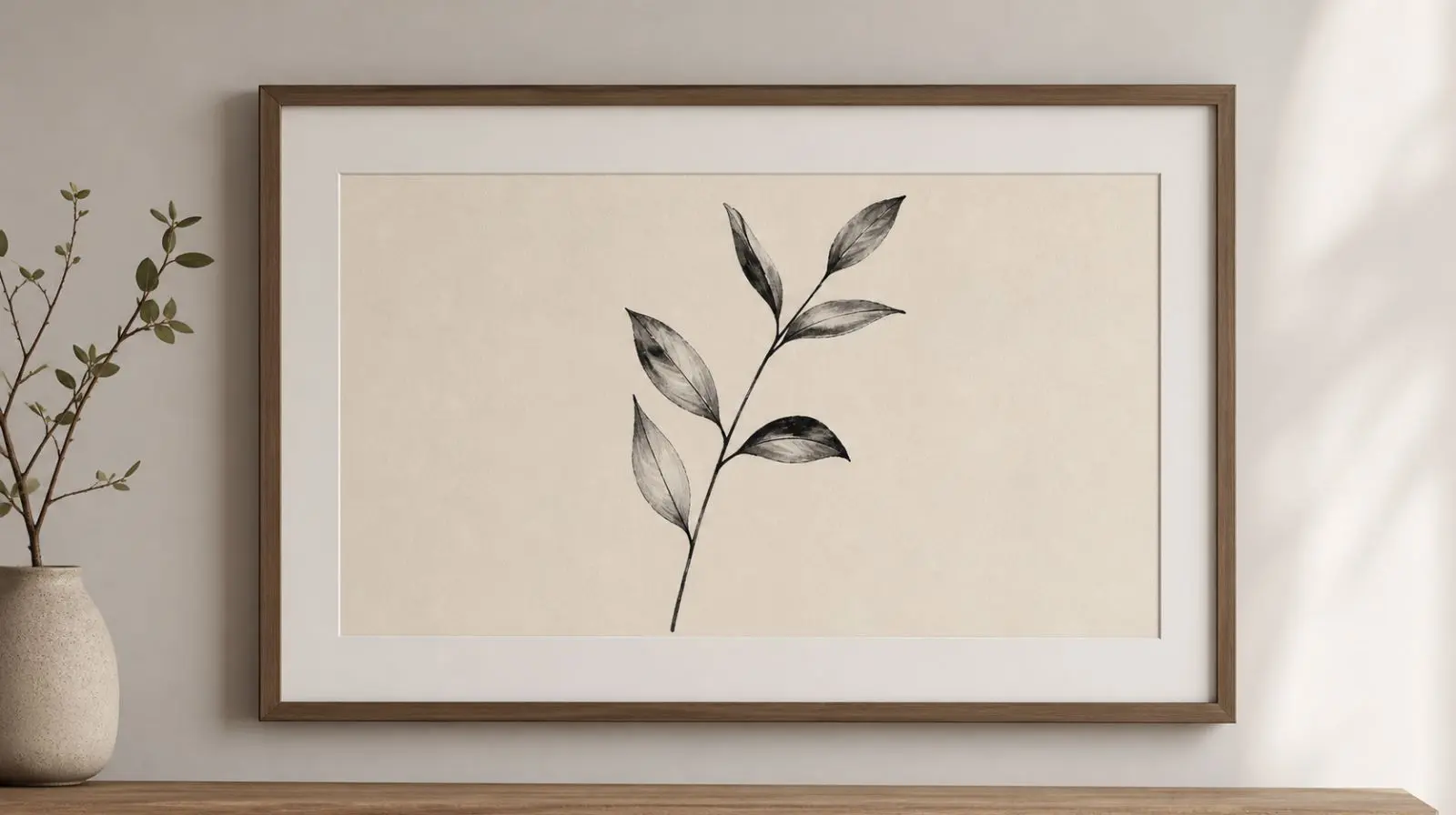 Minimalist botanical wall art featuring a single ink-drawn stem on cream paper