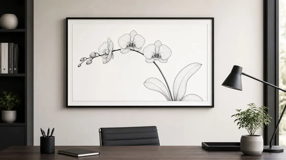 Minimalist black and white orchid art print as a fine line botanical illustration