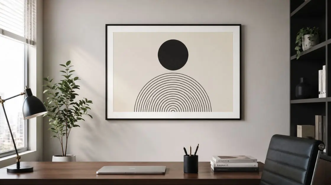 A framed minimalist abstract print featuring a black circle above concentric semi-circles on a beige background hangs on a wall above a wooden desk with a laptop, a black desk lamp, a potted plant, and a stack of books.