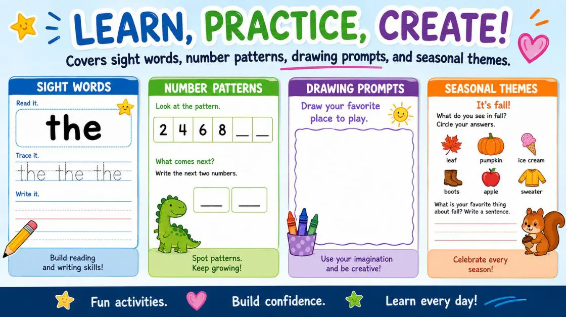 A worksheet titled "Learn, Practice, Create!" covering sight words, number patterns, drawing prompts, and seasonal themes with illustrations and instructions for each section.