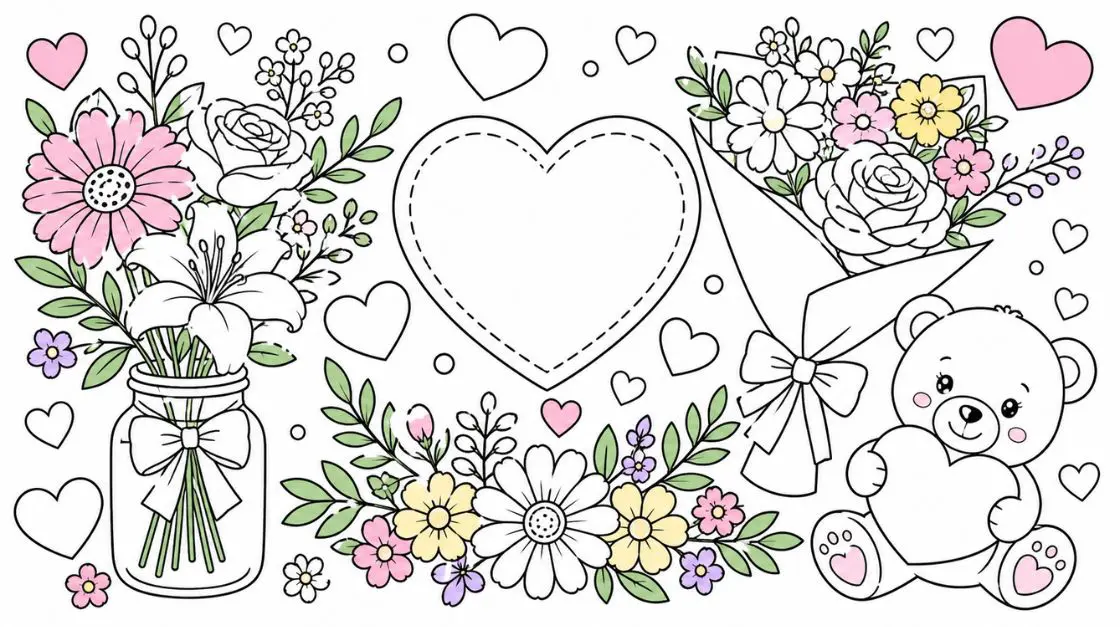 Mother's Day coloring pages with floral bouquets, hearts, and sweet messages for kids to color