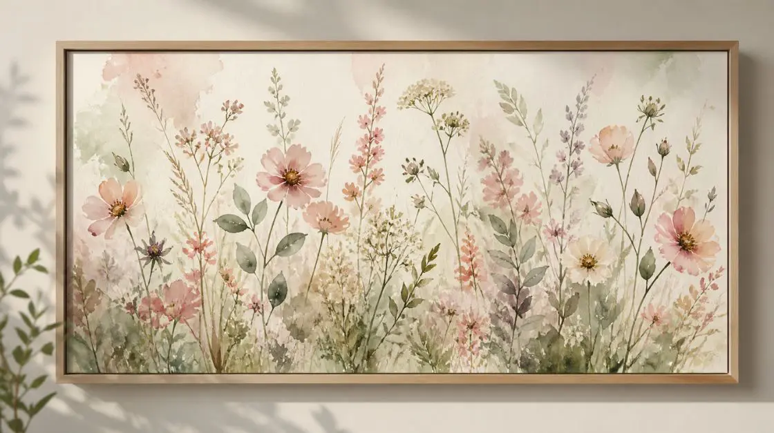 Nature-inspired floral wall art with loose watercolor wildflowers in blush and sage tones