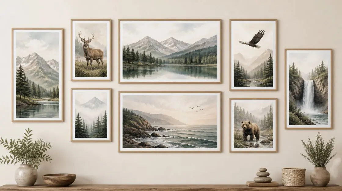 Nature printable wall art for common wall art sizes showing serene landscapes and wildlife illustrations