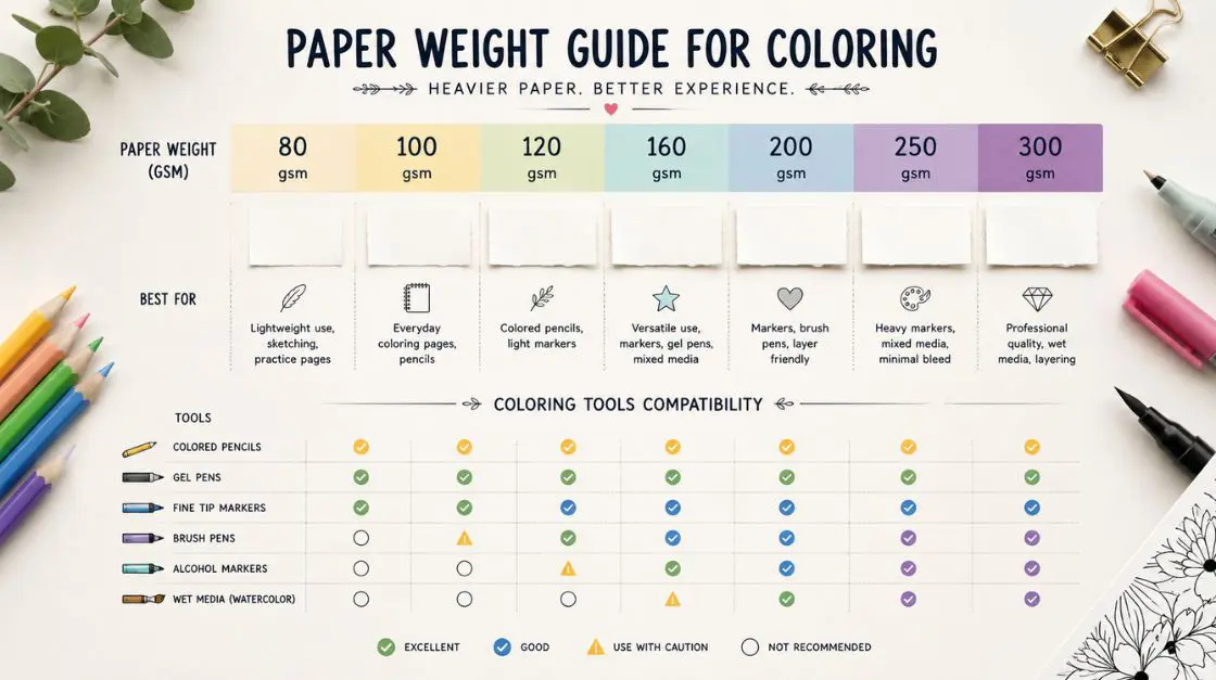 Paper weight guide for coloring pages — GSM chart for markers, pencils, and watercolors.
