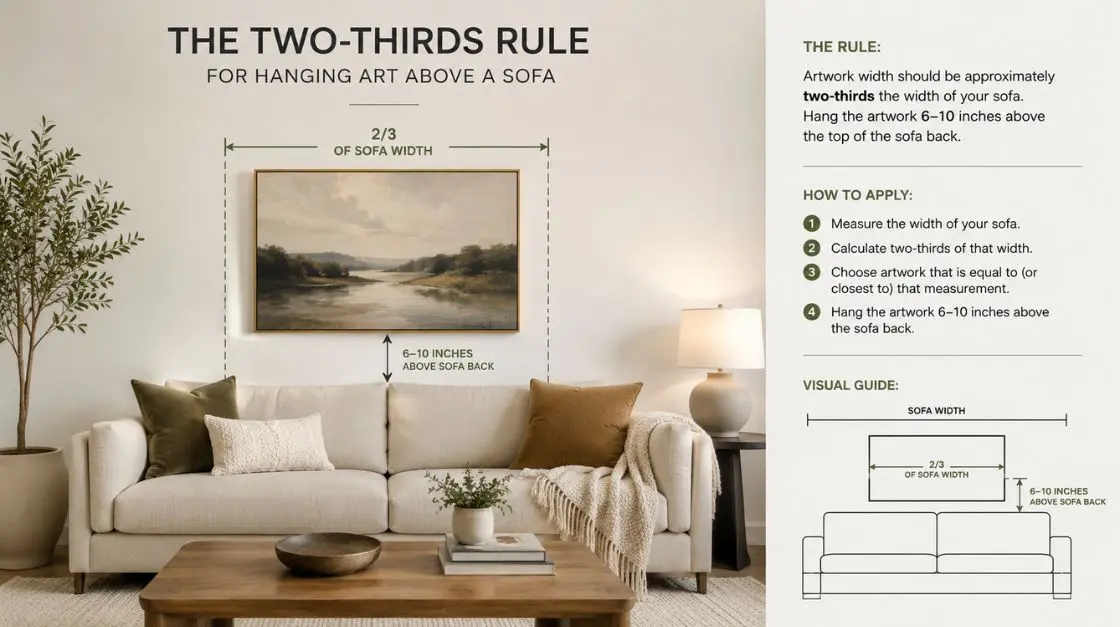 Wall art size guide showing the two-thirds rule for hanging printable wall art above furniture