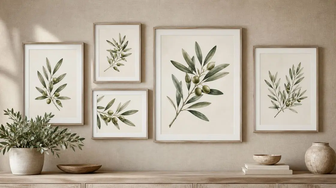 Collection of olive branch printable wall art prints displayed in neutral frames on a linen wall