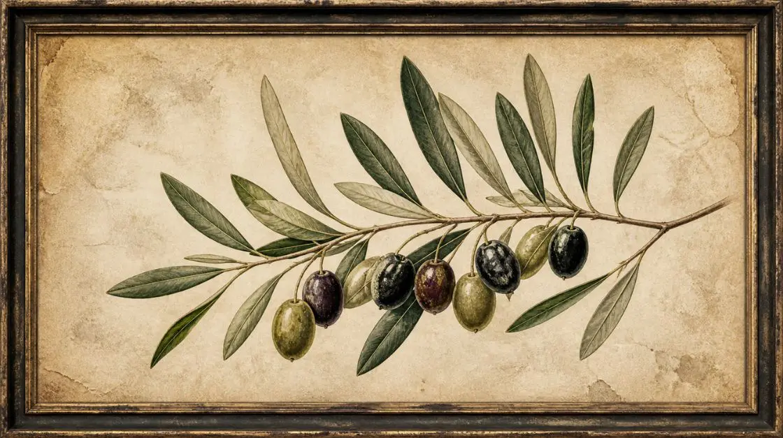 Vintage-inspired botanical illustration olive branch printable wall art print with aged paper texture effect