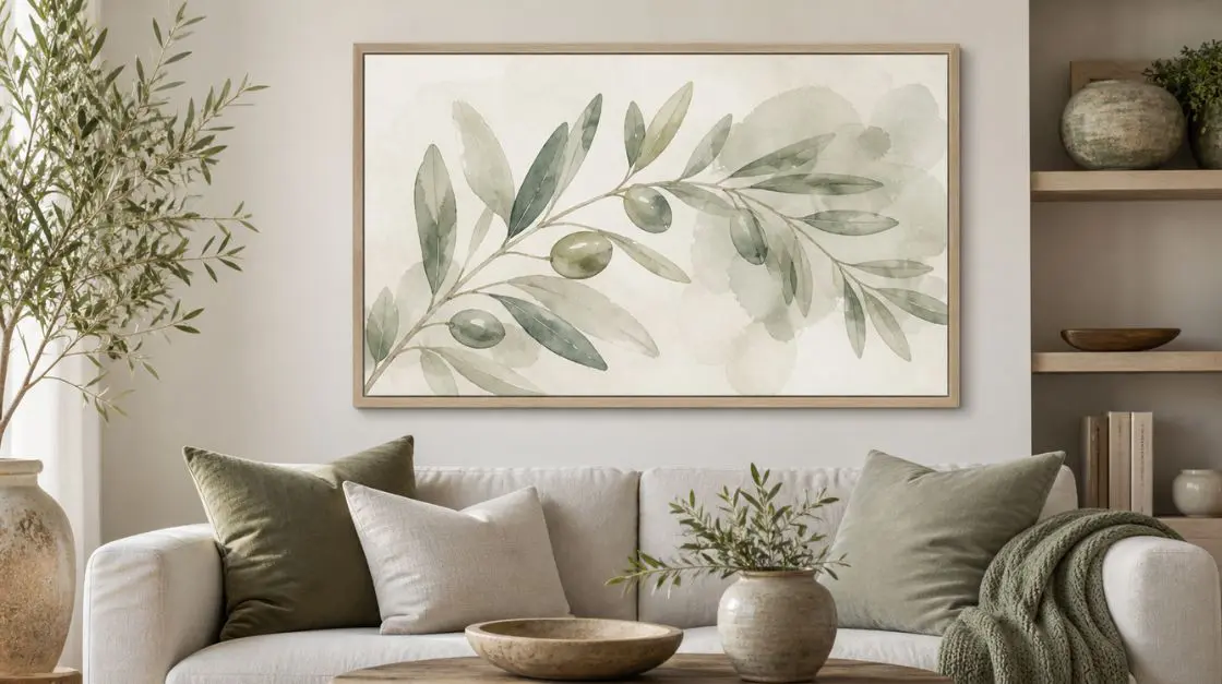 Soft watercolour olive branch printable wall art print in muted sage and silver-green tones