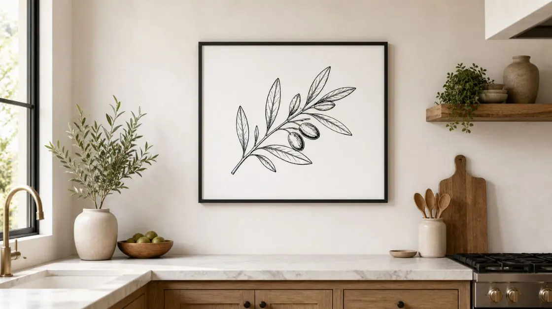Classic line drawing style olive branch wall art print in black ink on white background