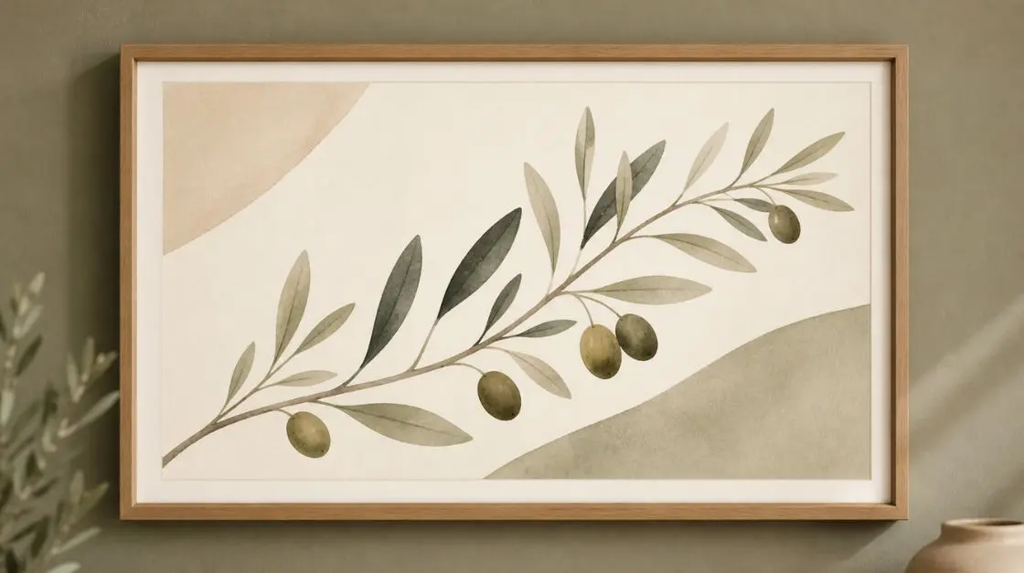 Minimal olive wall decor print in warm neutrals and muted sage on cream background