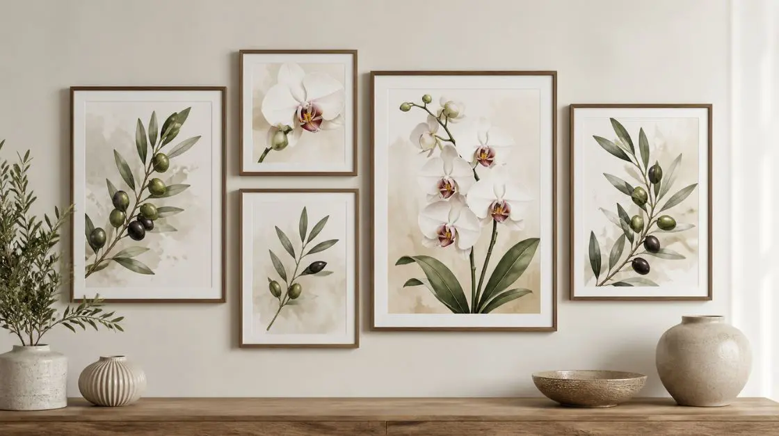 Mixed botanical set featuring orchid and olive branch wall art prints for a coordinated gallery wall