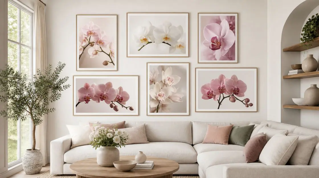 Orchid wall art digital download prints displayed in a bright living room gallery wall
