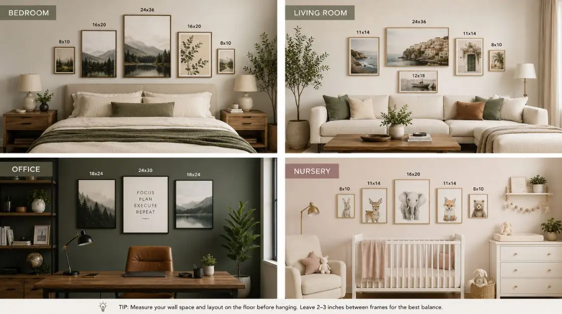Visual inspiration gallery showing standard art print sizes in bedroom, boho living room, home office, and nursery settings