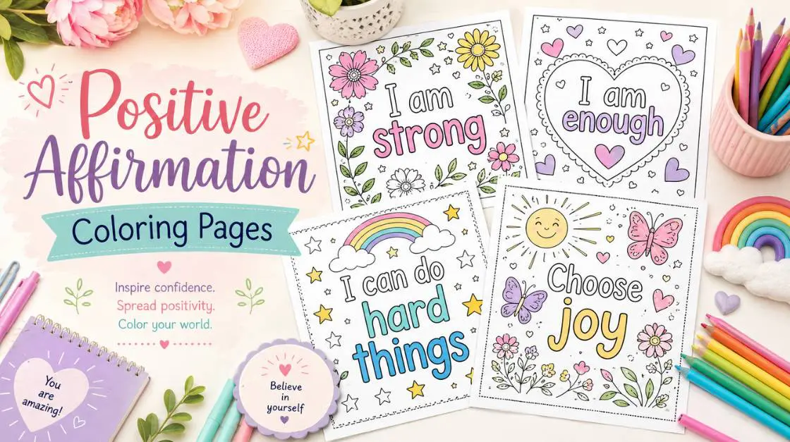 A spread of positive affirmation coloring pages featuring phrases like "I am strong," "I am enough," "I can do hard things," and "Choose joy," surrounded by decorative elements and art supplies.