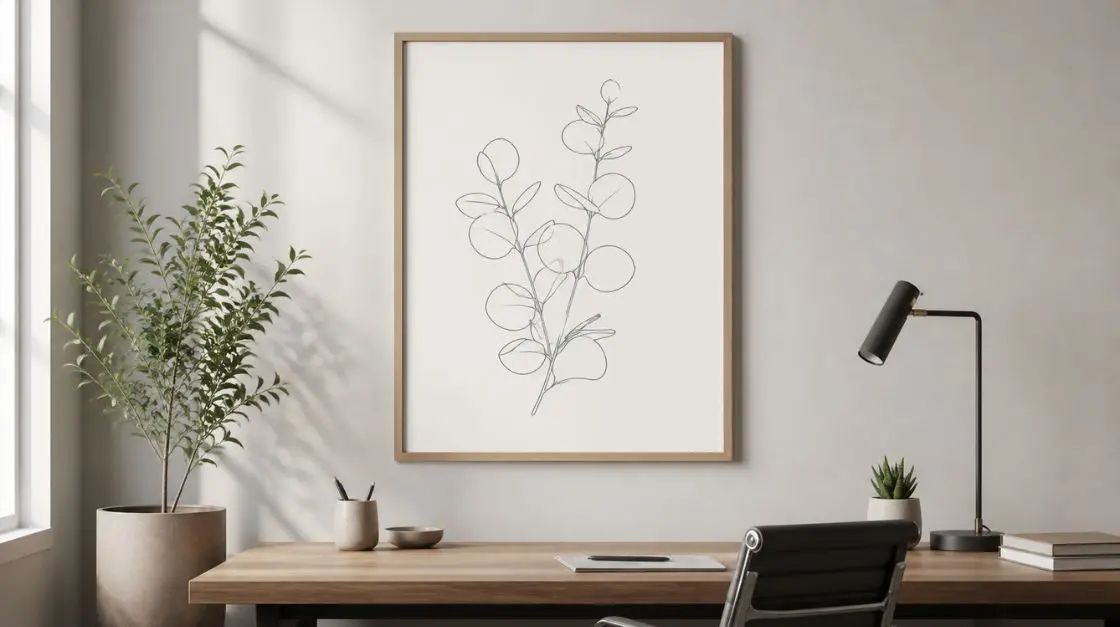 Printable eucalyptus wall art in minimal single-line botanical illustration style
