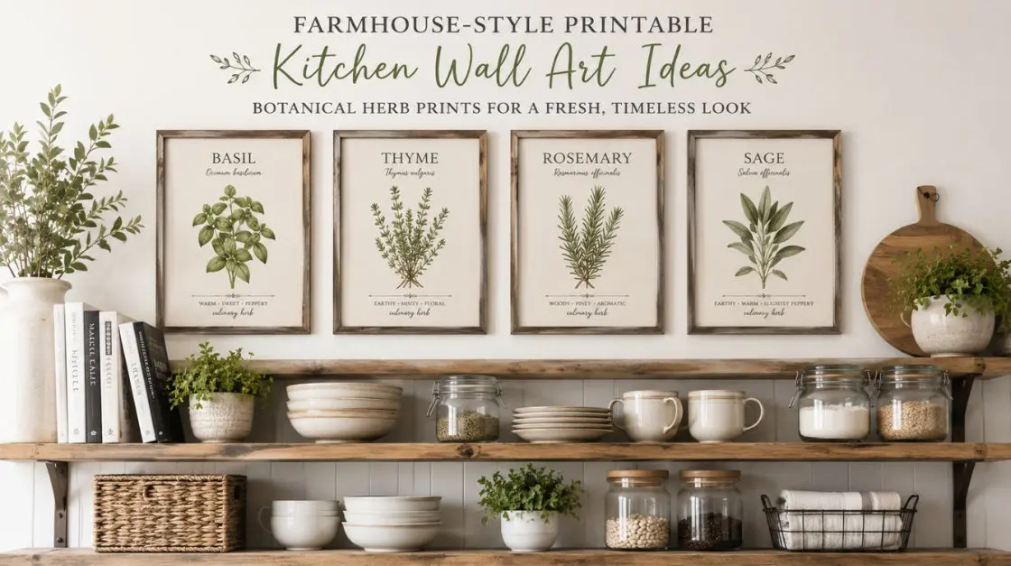 Farmhouse-style printable kitchen wall art ideas with botanical herb prints above open shelving