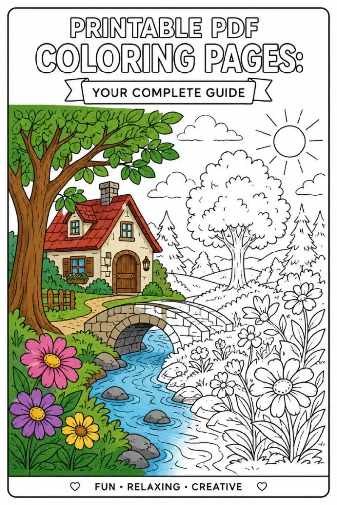 A colorful illustration of a house by a stream with a bridge and flowers, with the text "Printable PDF Coloring Pages: Your Complete Guide" at the top.