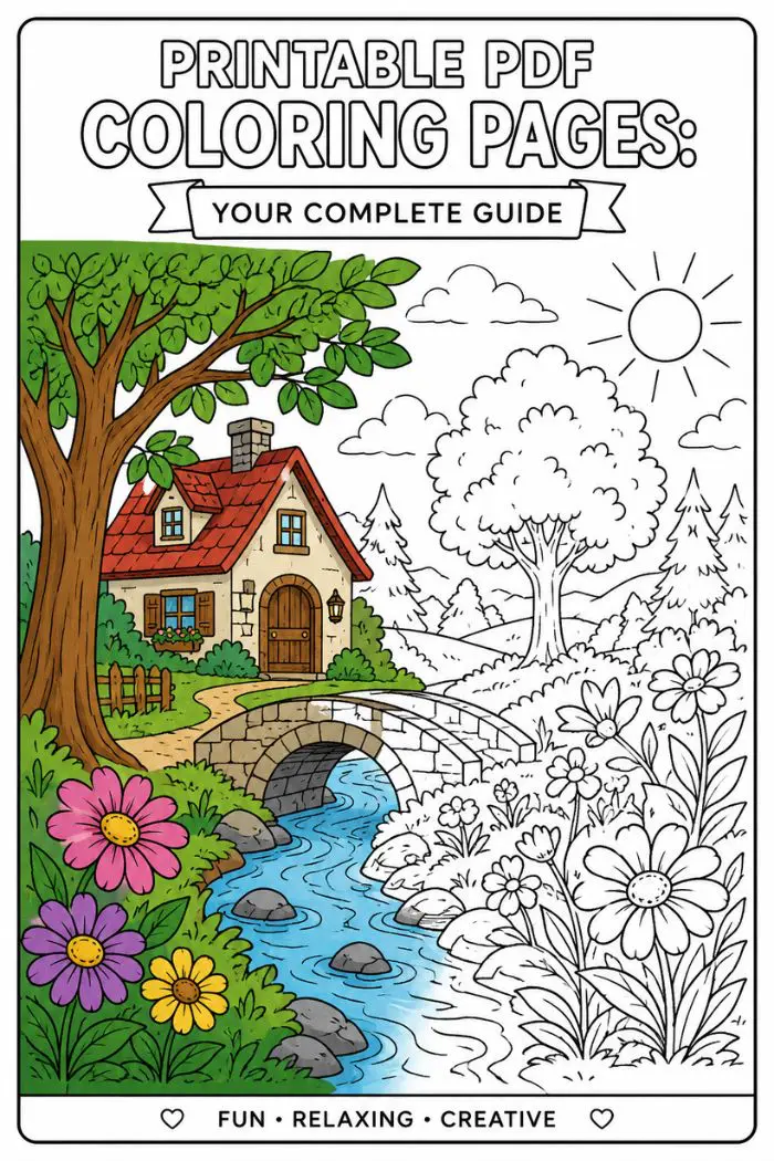 A colorful illustration of a house by a stream with a bridge and flowers, with the text "Printable PDF Coloring Pages: Your Complete Guide" at the top.