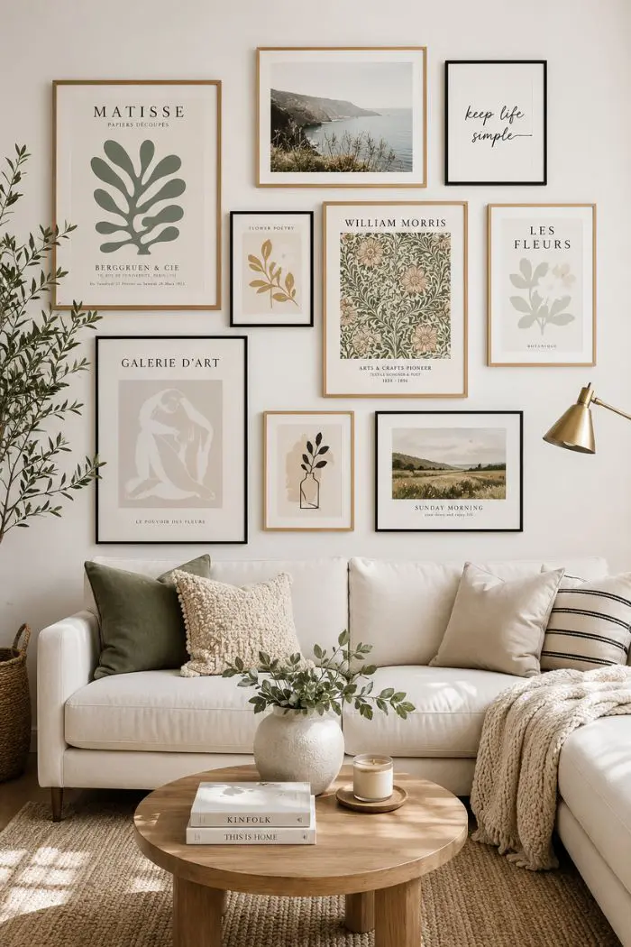 Curated gallery wall featuring printable wall art ideas in a bright, modern living room