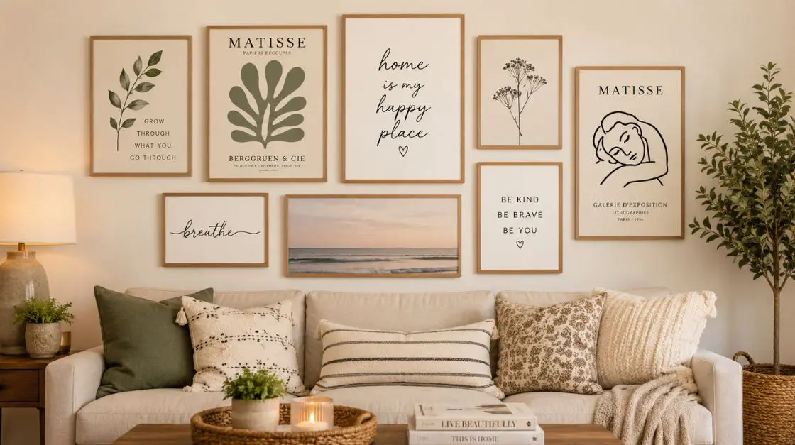 Printable wall art ideas displayed as a gallery wall in a cozy living room