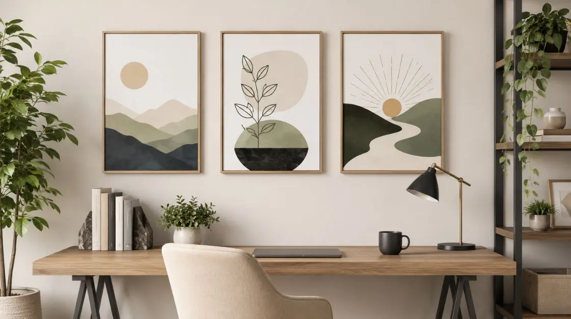 Minimalist printable wall art ideas in a home office featuring motivational quote prints