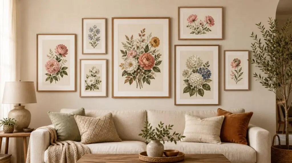 Printable wall art displayed in common standard wall picture frame sizes on a warm living room gallery wall