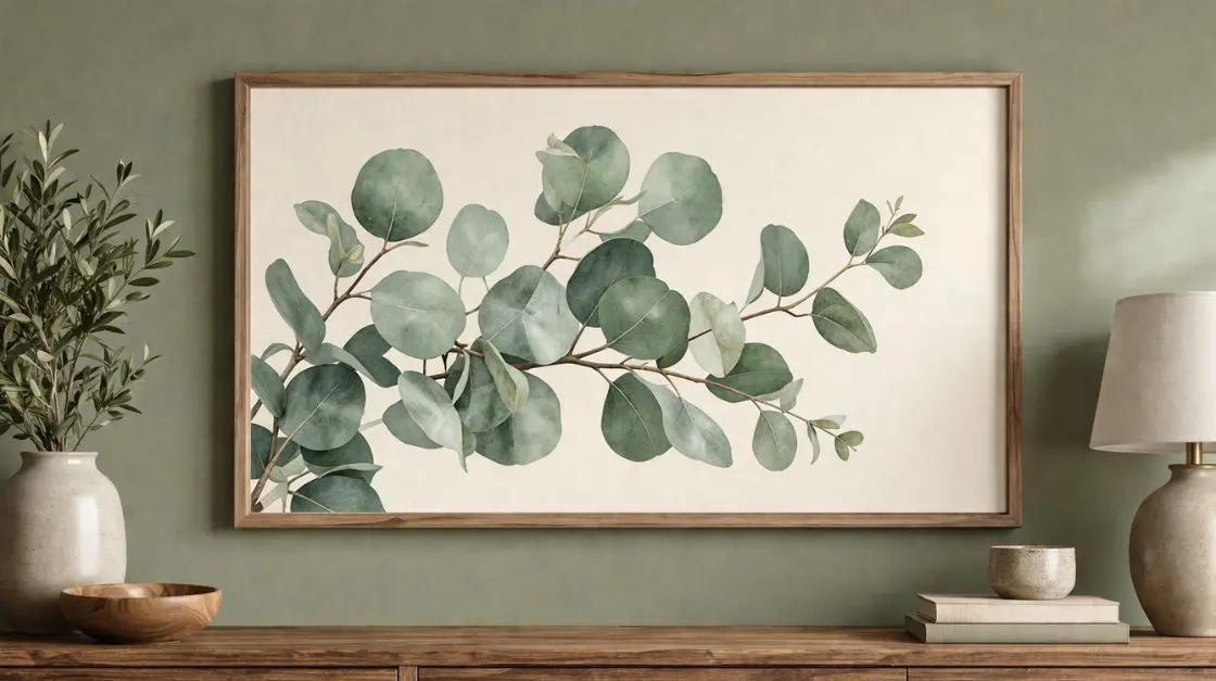 Sage green wall art featuring a detailed eucalyptus branch on cream background