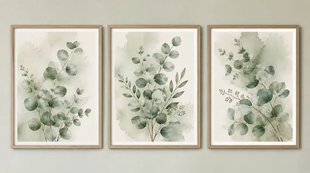 Sage green wall art set of three matching eucalyptus botanical prints for gallery wall
