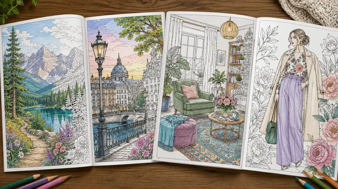 A spread of scenes coloring pages for adults featuring a landscape, a cityscape, an interior room, and a fashion illustration