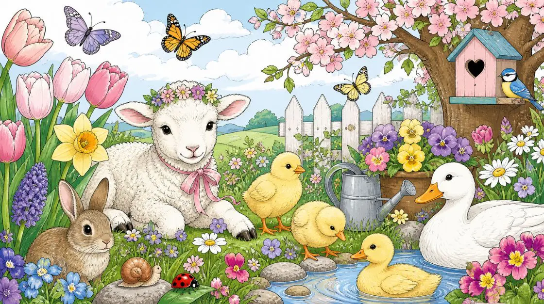 Spring coloring pages with butterflies, baby chicks, lambs, and garden creatures