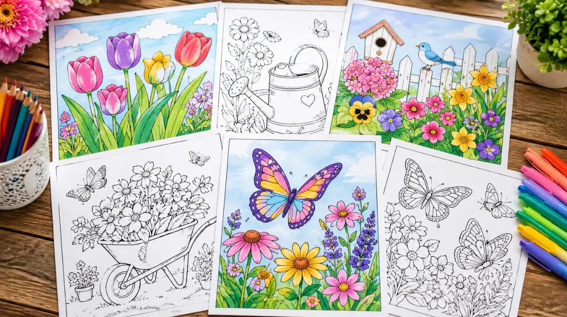 A vibrant spread of spring coloring pages featuring flowers, butterflies, and garden scenes ready to print