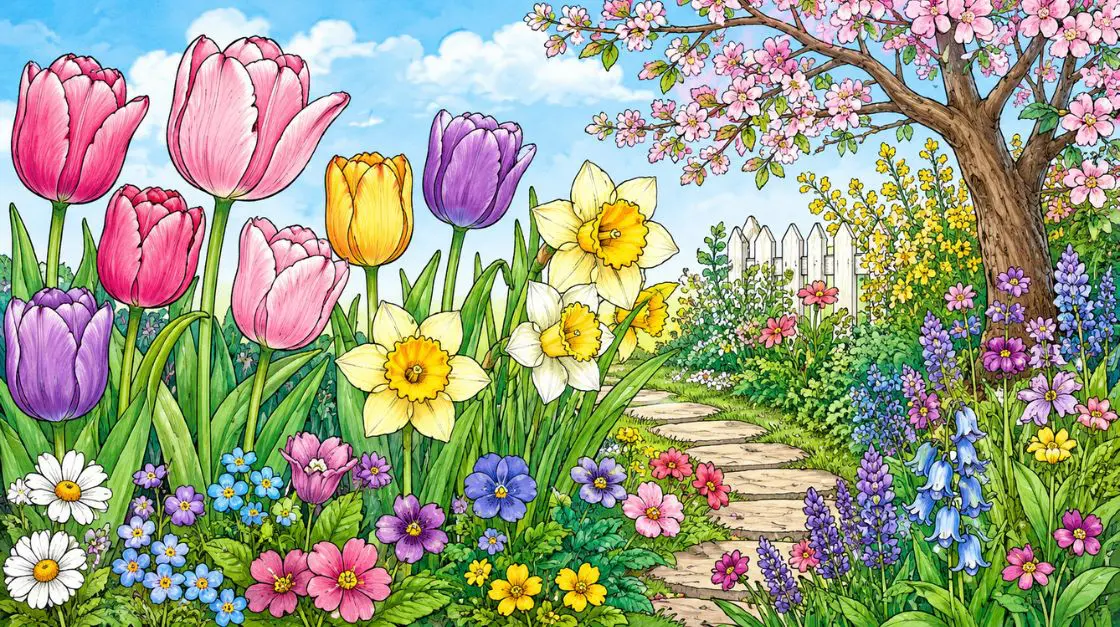 Spring coloring pages featuring tulips, daffodils, and wildflower garden illustrations