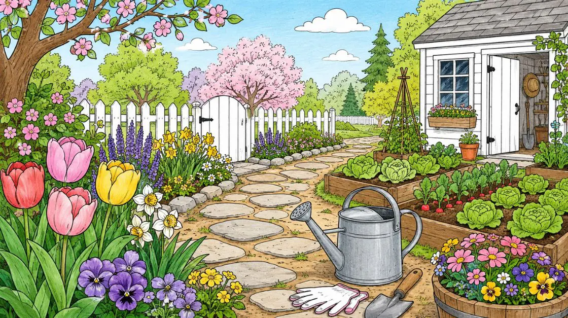 Spring coloring pages showing garden paths, watering cans, vegetable patches, and outdoor scenes