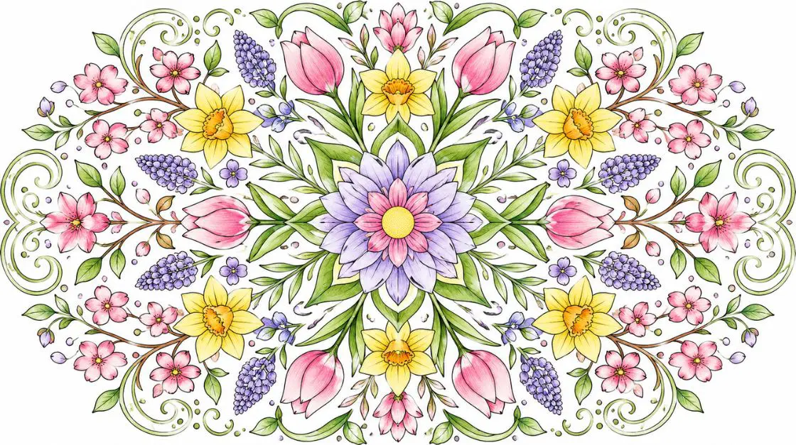 Spring coloring pages in mandala format with floral symmetrical designs for adults