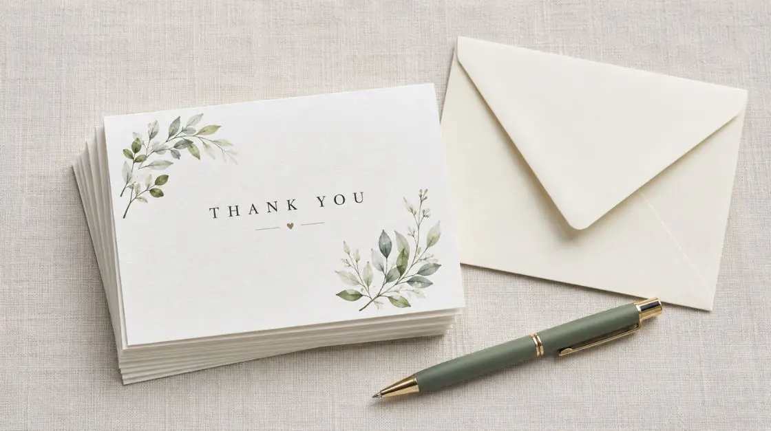 A stack of thank you cards with floral accents and a matching envelope and pen on a textured surface.