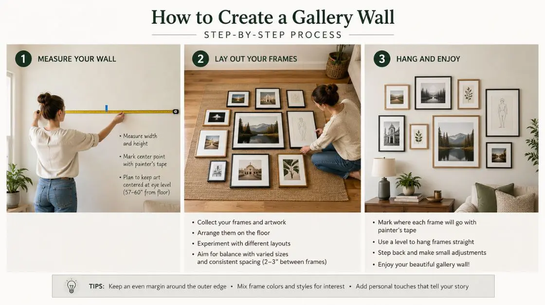 Step-by-step guide to choosing printable wall art sizes — measuring wall, testing layouts, hanging frames