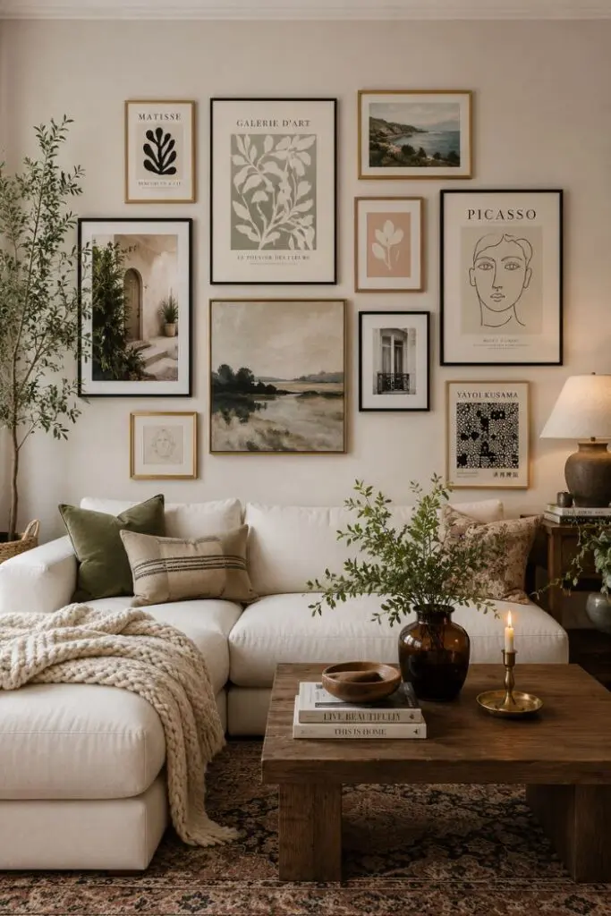 A beautifully styled living room with framed wall art prints in various sizes arranged in a gallery wall