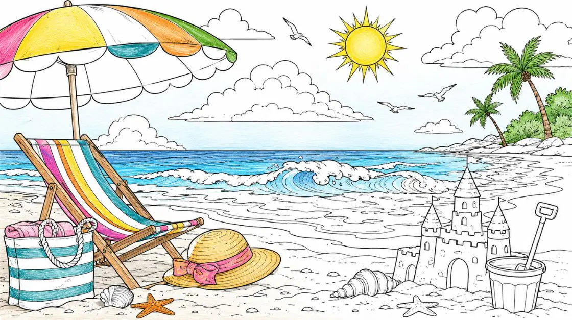 Summer coloring pages with beach scenes, ocean waves, and sandy shores for kids and adults