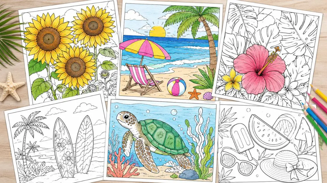 A collection of summer coloring pages featuring sunflowers, beach scenes, and tropical motifs ready to print