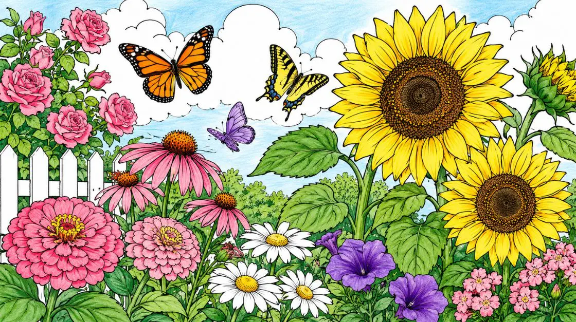 Summer coloring pages of garden sunflowers, butterflies, and blooming flowers