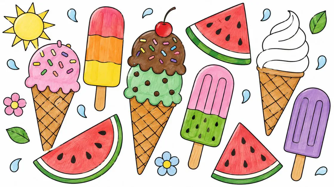 Summer coloring pages of ice cream cones, watermelon slices, and popsicles