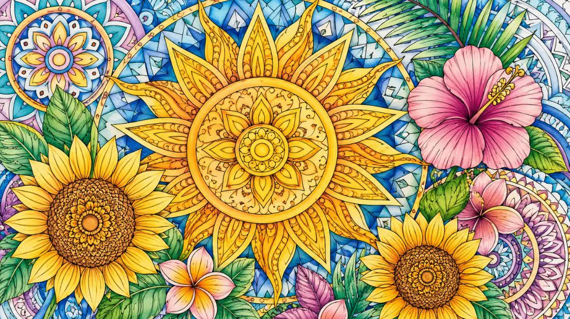Intricate summer coloring pages with sun mandalas and geometric floral patterns for adults