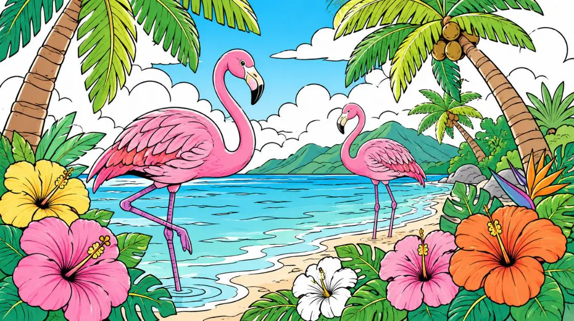 Tropical summer coloring pages featuring flamingos, hibiscus flowers, and palm trees