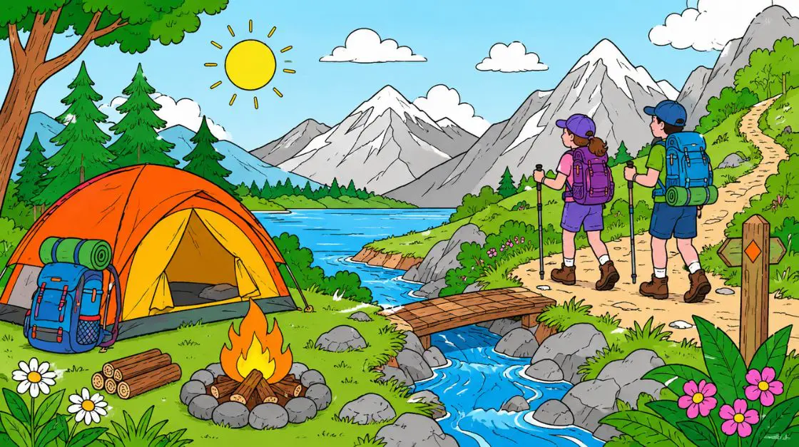 Summer holiday coloring pages showing camping, hiking, and outdoor adventure scenes