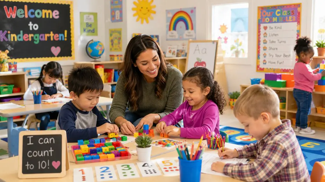 kindergarten teacher using no-prep educational games for kids in a joyful early childhood education classroom setting